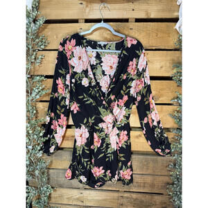 Charlotte Russe Black Floral Long Sleeve Romper Dress XL
